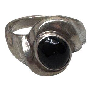 Vintage Modernist Chunky Sterling Silver Black Onyx Geometric Design Ring Sz 5.5
